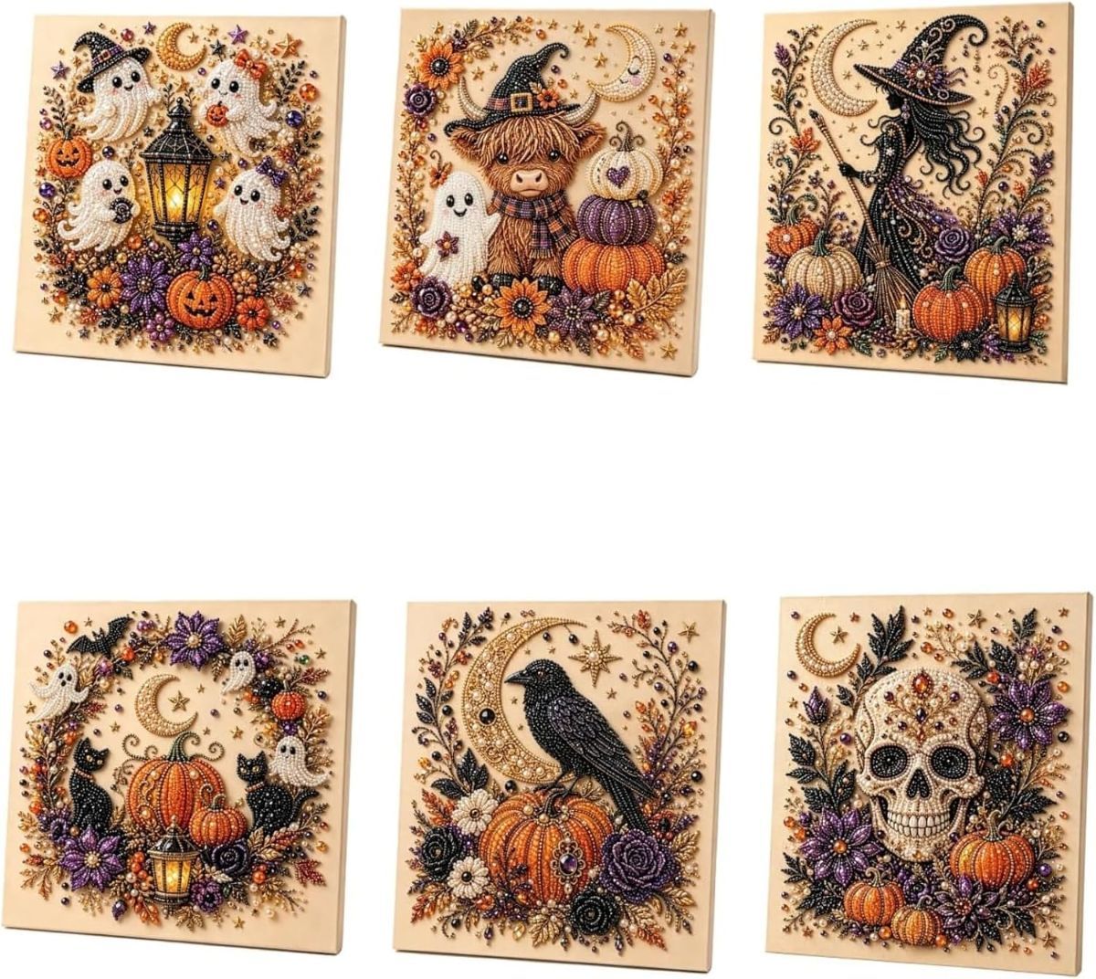 Halloween Pearl Diamond Painting Art Kit with Frame, Spooky Cute 3D DIY Pearl Beads Art Craft for Adults, DIY Fall Home Decor Wall Art, Beginner DIY Seasonal Party Gift - Multi-color - 6PCS