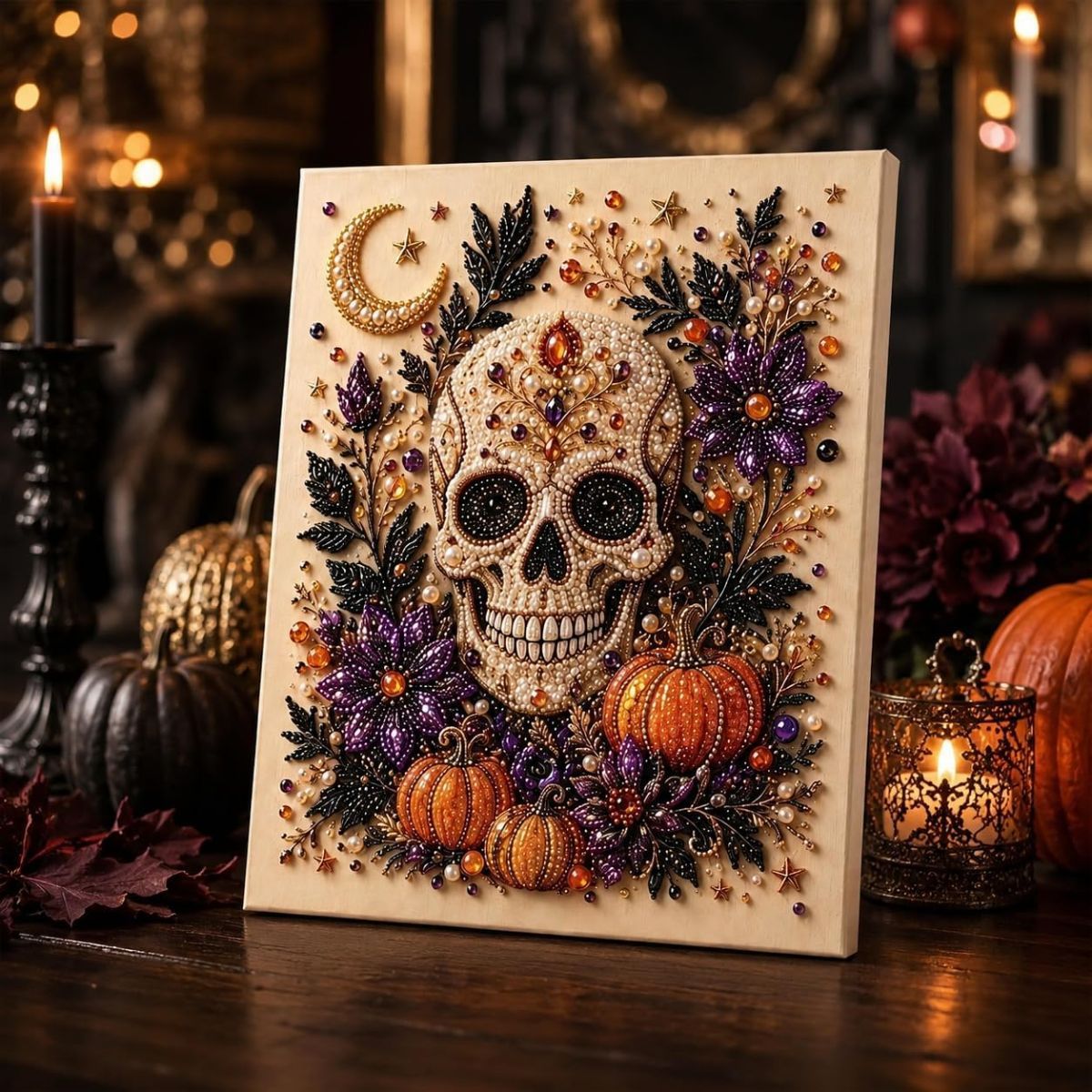 Halloween Pearl Diamond Painting Art Kit with Frame, Spooky Cute 3D DIY Pearl Beads Art Craft for Adults, DIY Fall Home Decor Wall Art, Beginner DIY Seasonal Party Gift - Multi-color - 6PCS