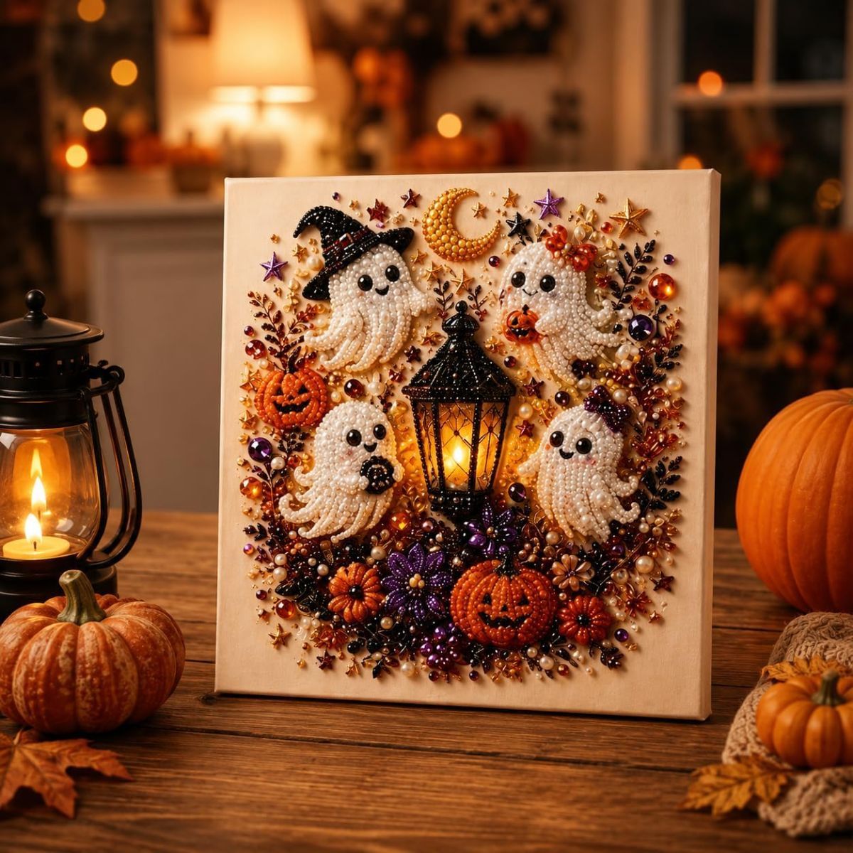 Halloween Pearl Diamond Painting Art Kit with Frame, Spooky Cute 3D DIY Pearl Beads Art Craft for Adults, DIY Fall Home Decor Wall Art, Beginner DIY Seasonal Party Gift - Multi-color - 6PCS