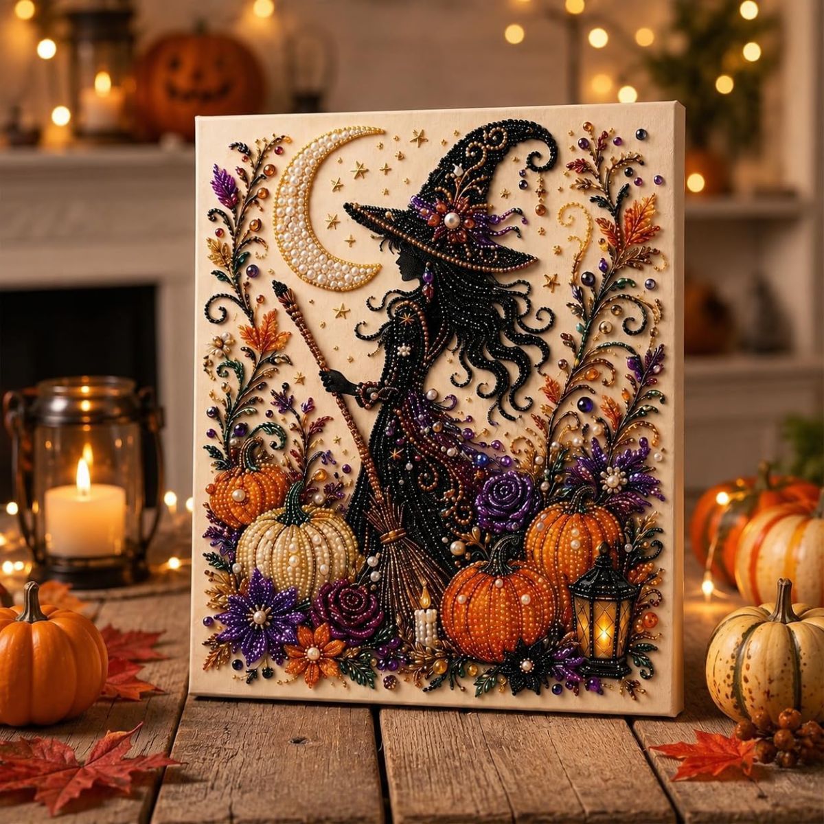 Halloween Pearl Diamond Painting Art Kit with Frame, Spooky Cute 3D DIY Pearl Beads Art Craft for Adults, DIY Fall Home Decor Wall Art, Beginner DIY Seasonal Party Gift - Multi-color -  B