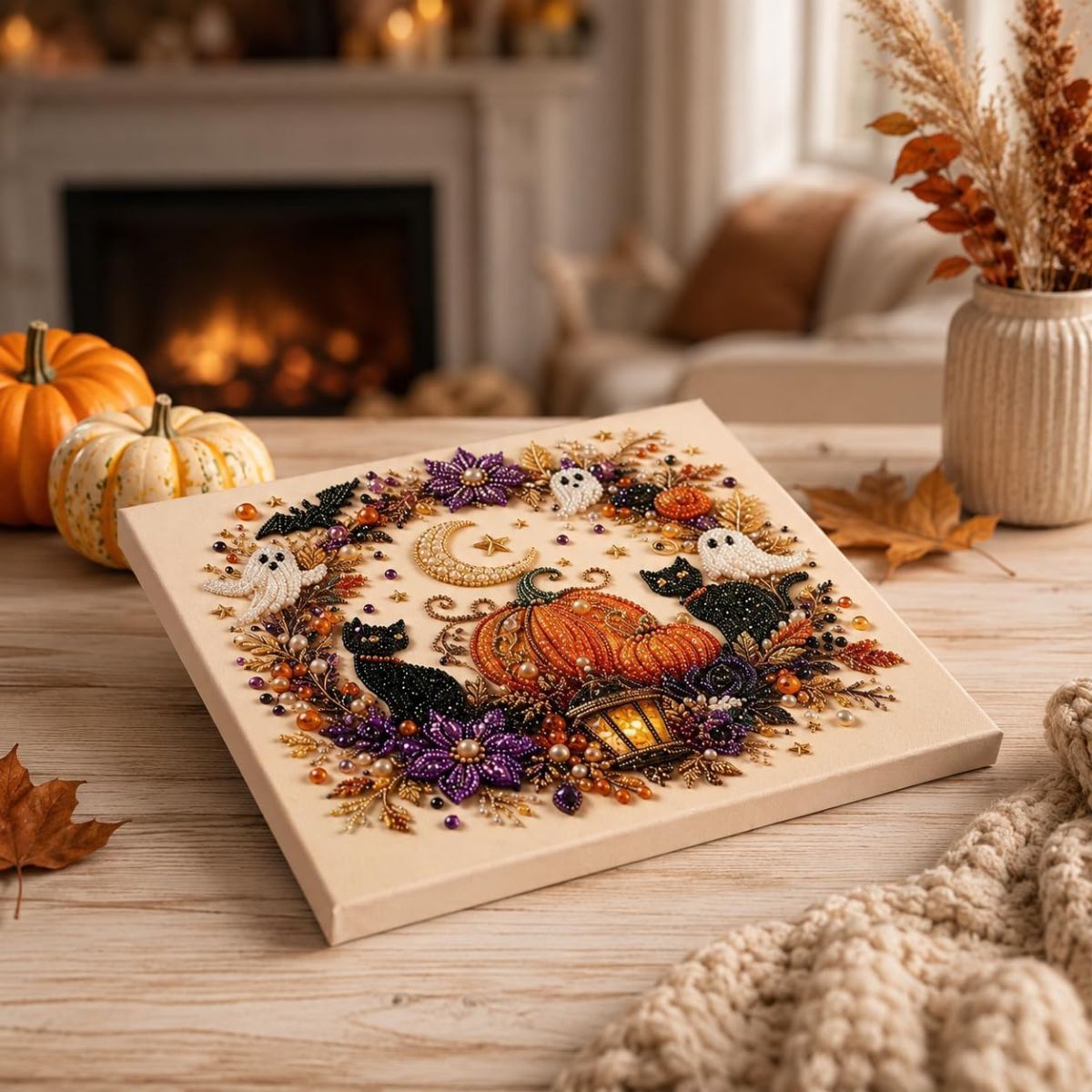 Halloween Pearl Diamond Painting Art Kit with Frame, Spooky Cute 3D DIY Pearl Beads Art Craft for Adults, DIY Fall Home Decor Wall Art, Beginner DIY Seasonal Party Gift - Multi-color - C