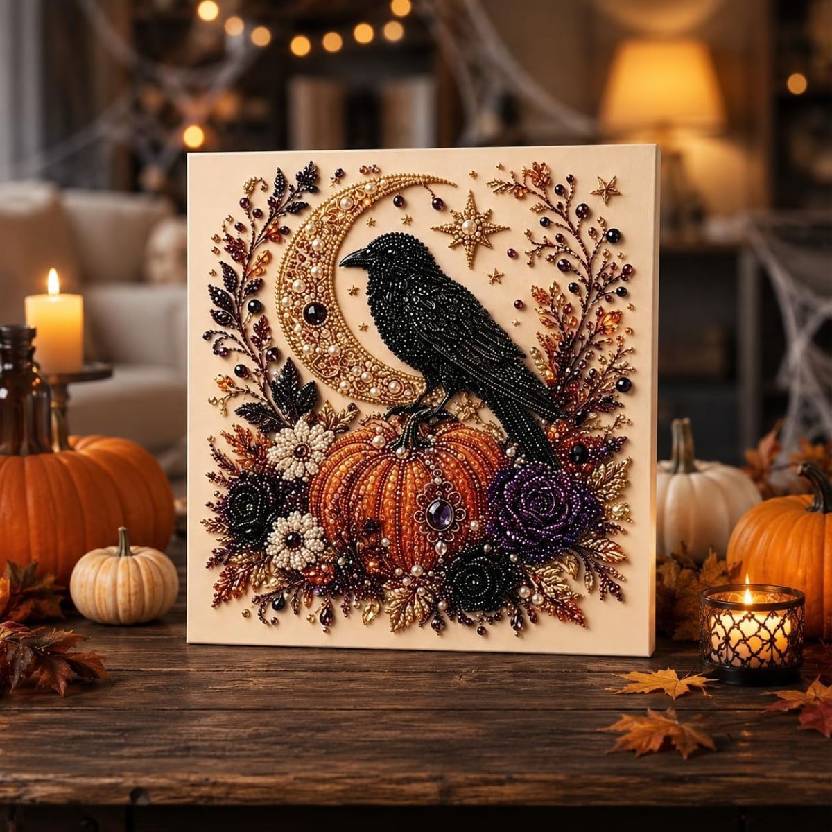 Halloween Pearl Diamond Painting Art Kit with Frame, Spooky Cute 3D DIY Pearl Beads Art Craft for Adults, DIY Fall Home Decor Wall Art, Beginner DIY Seasonal Party Gift - Multi-color - F