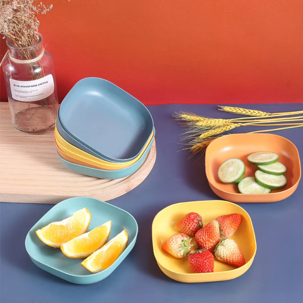 1 Piece Square Cereal Bowls,Plastic Small Bowls For Kitchen,Reusable Lightweight Dinner Plate,Plastic Square Bowl,Shallow, Blue, 14 x 14 x 3 cm