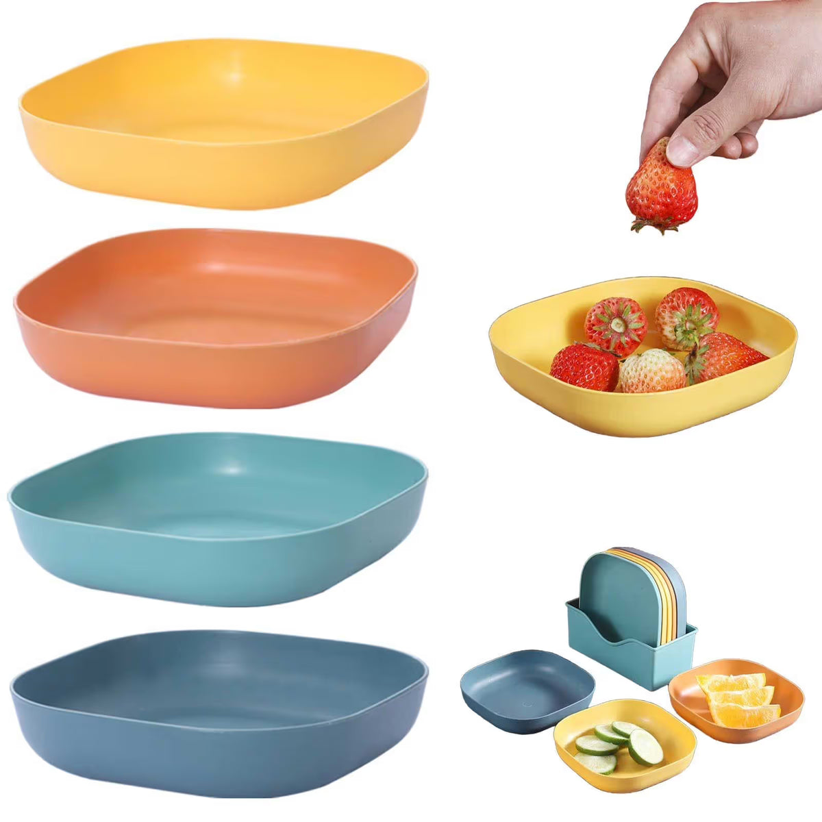 1 Piece Square Cereal Bowls,Plastic Small Bowls For Kitchen,Reusable Lightweight Dinner Plate,Plastic Square Bowl,Shallow, Green, 14 x 14 x 3 cm