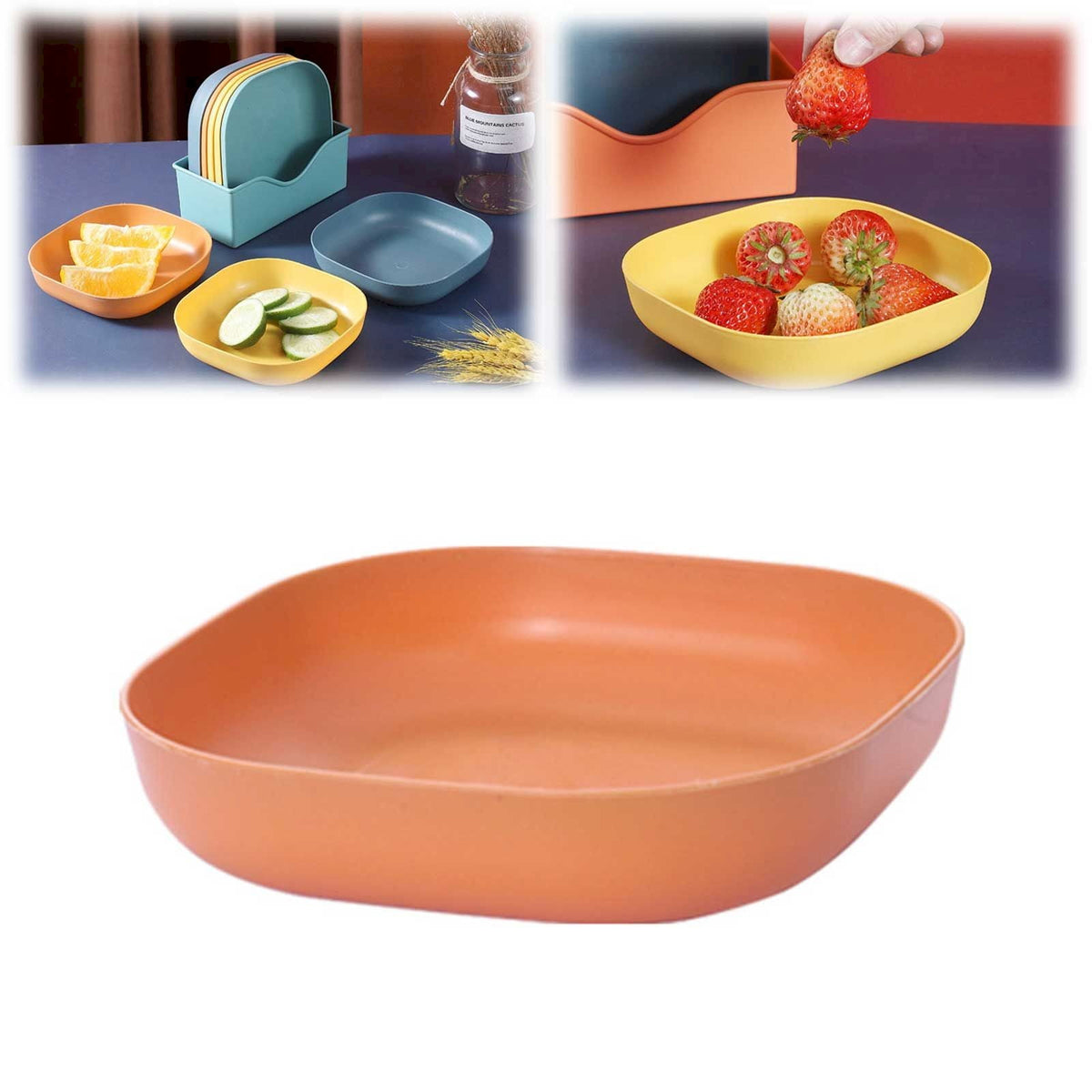 1 Piece Square Cereal Bowls,Plastic Small Bowls For Kitchen,Reusable Lightweight Dinner Plate,Plastic Square Bowl,Shallow, Orange, 14 x 14 x 3 cm