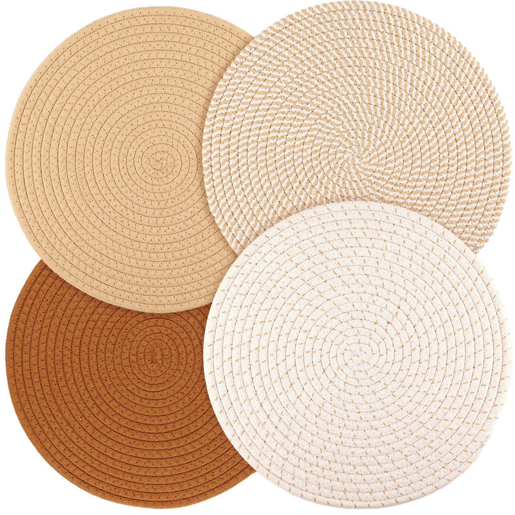 Round Woven Placemats Set of 4, 7.08 Inches Kitchen Table Place Mats for Dining Table, Trivets for Hot Pots and Pans, Boho Table Setting Decor, Fall Decorations for Home (Brown)