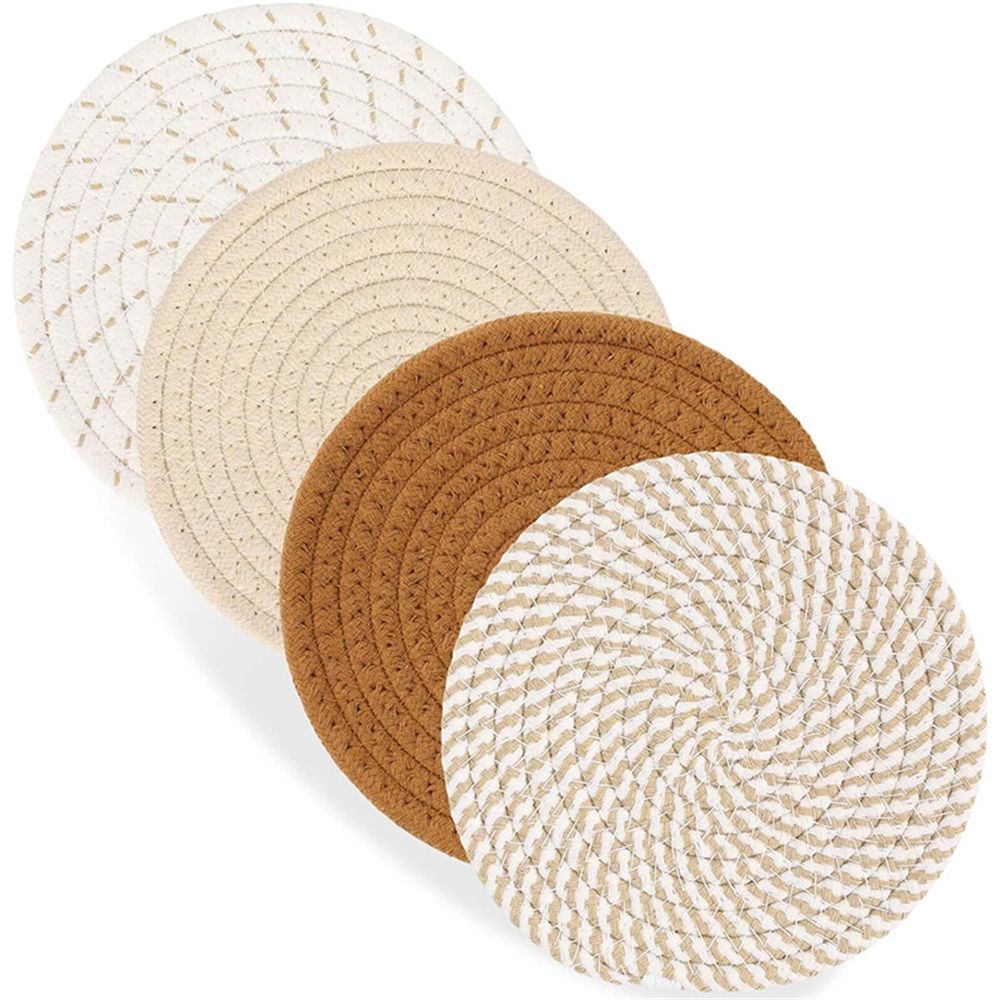 Round Woven Placemats Set of 4, 7.08 Inches Kitchen Table Place Mats for Dining Table, Trivets for Hot Pots and Pans, Boho Table Setting Decor, Fall Decorations for Home (Brown)