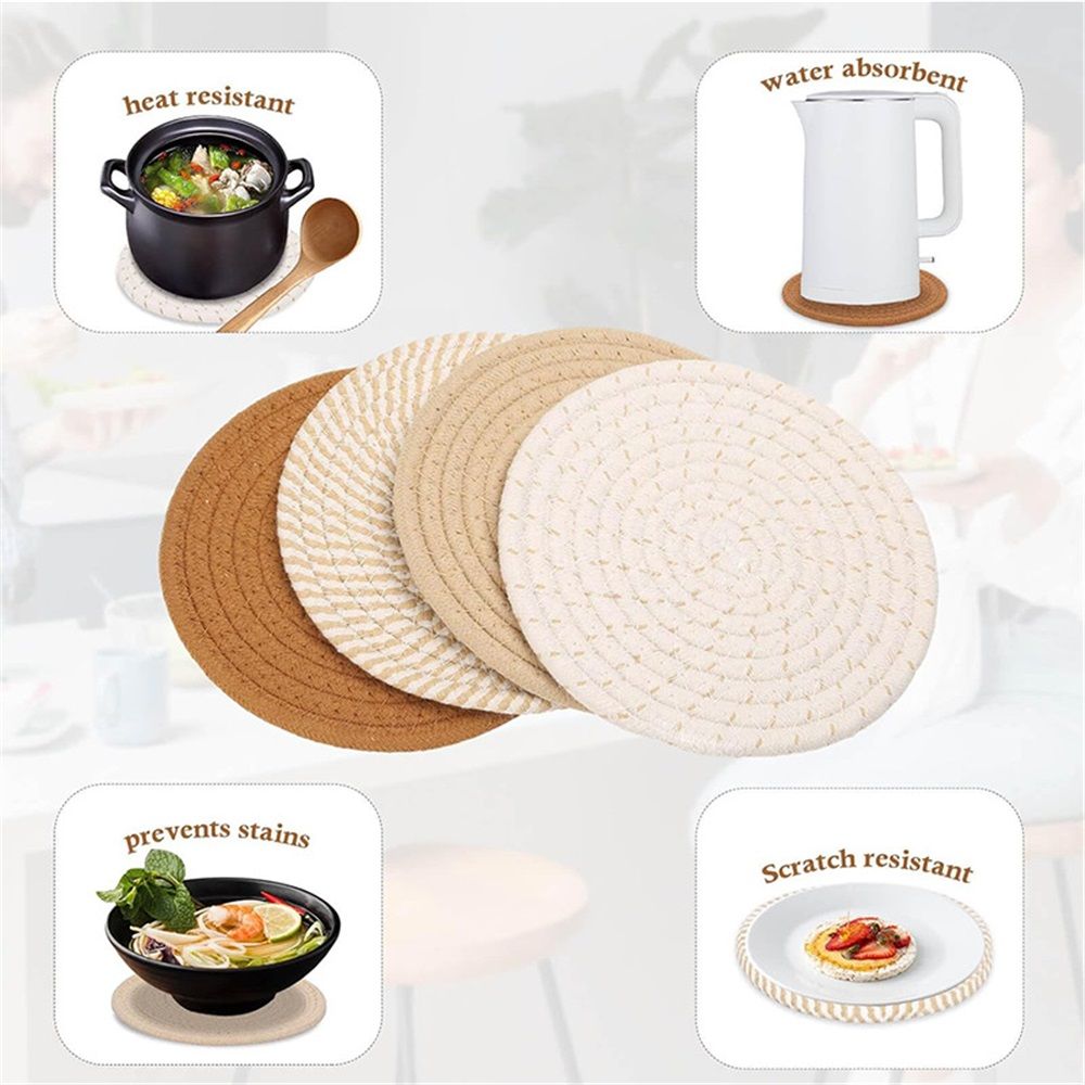 Round Woven Placemats Set of 4, 7.08 Inches Kitchen Table Place Mats for Dining Table, Trivets for Hot Pots and Pans, Boho Table Setting Decor, Fall Decorations for Home (Brown)