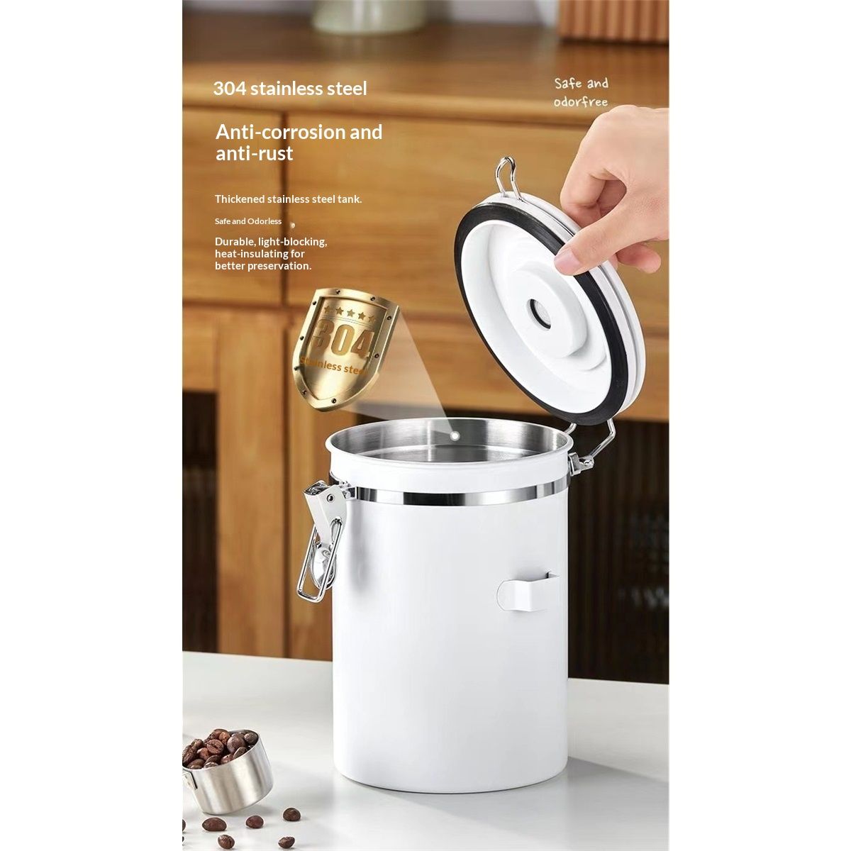 Coffee Canister Airtight Stainless Steel Kitchen Food Storage Container with Lids, Date Tracker and Scoop for Grounds Coffee, Beans, Tea, Flour, Cereal, Sugar Jars, 40OZ, White