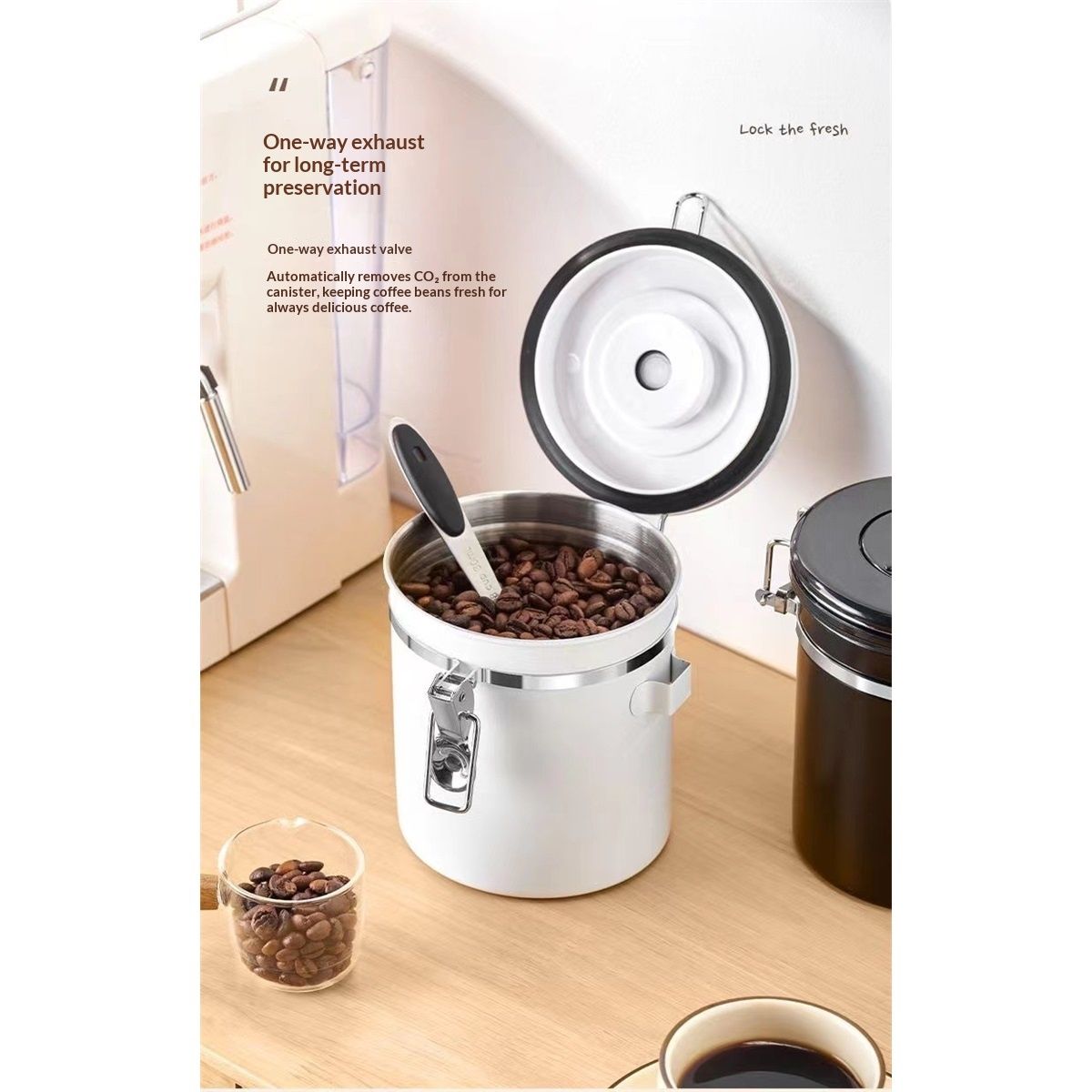 Coffee Canister Airtight Stainless Steel Kitchen Food Storage Container with Lids, Date Tracker and Scoop for Grounds Coffee, Beans, Tea, Flour, Cereal, Sugar Jars, 40OZ, White
