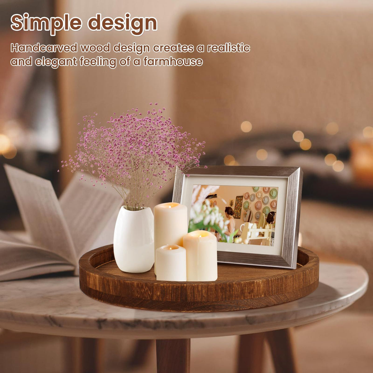 Wooden Tray for Coffee Table: Candle Holder Plate Round Decorative Serving Tray - Vintage Table Centerpiece Rustic Farmhouse Home Decor（Brown 24x24x3cm ）