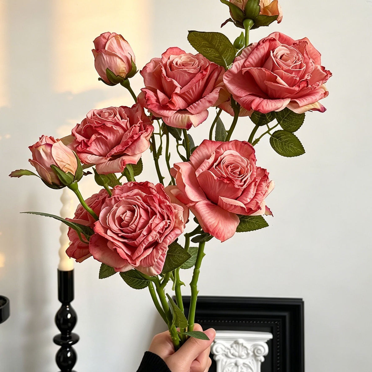 Vintage Burnt Edge Artificial Rose, Pink Sweet Decor, 5 Pack