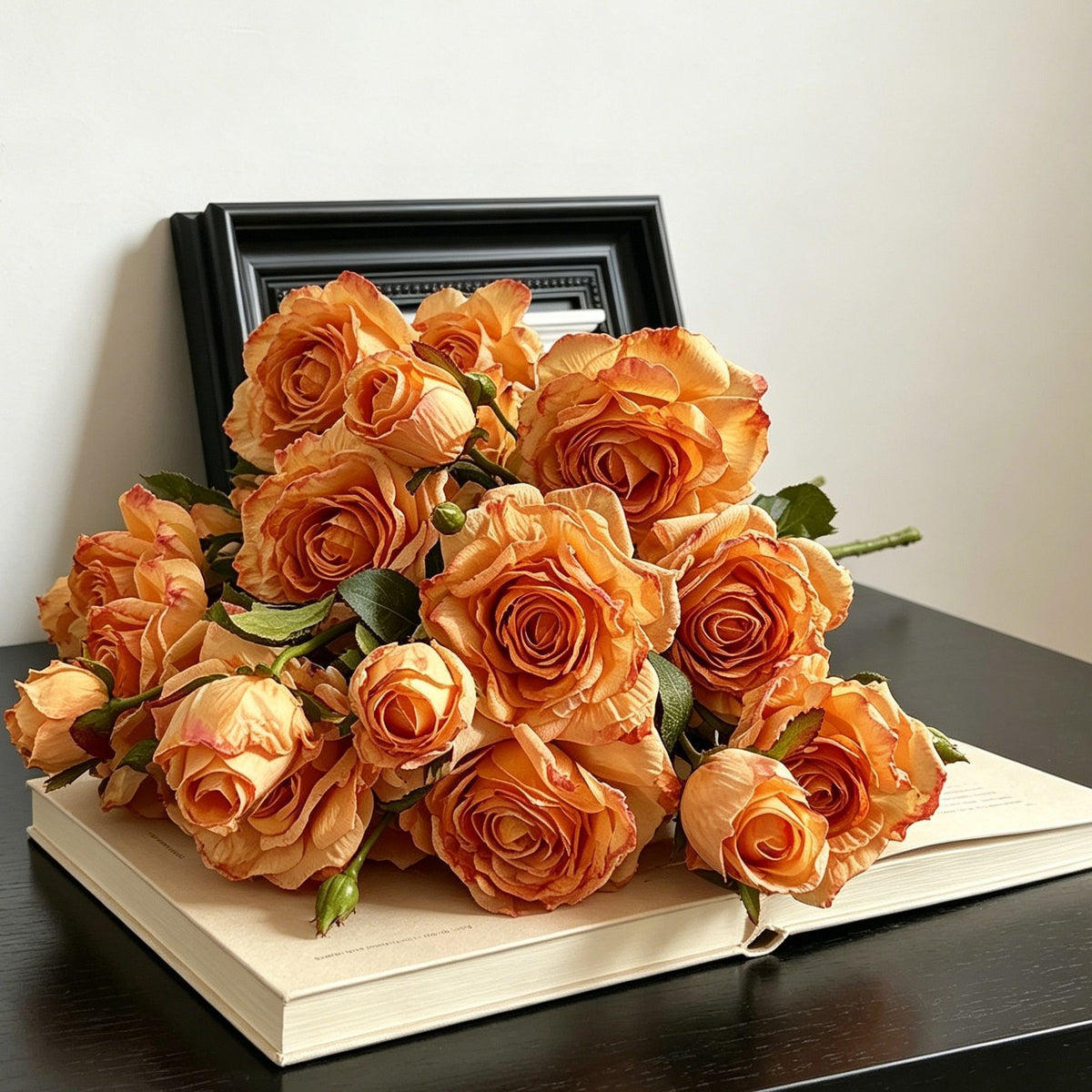Vintage Burnt Edge Artificial Rose, Orange Warm Decor, 3 Pack