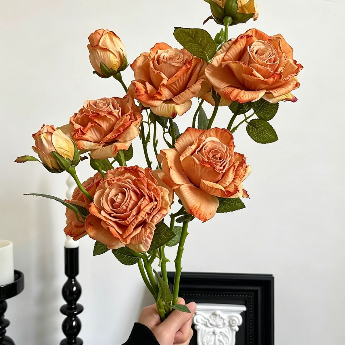 Vintage Burnt Edge Artificial Rose, Orange Warm Decor, 3 Pack
