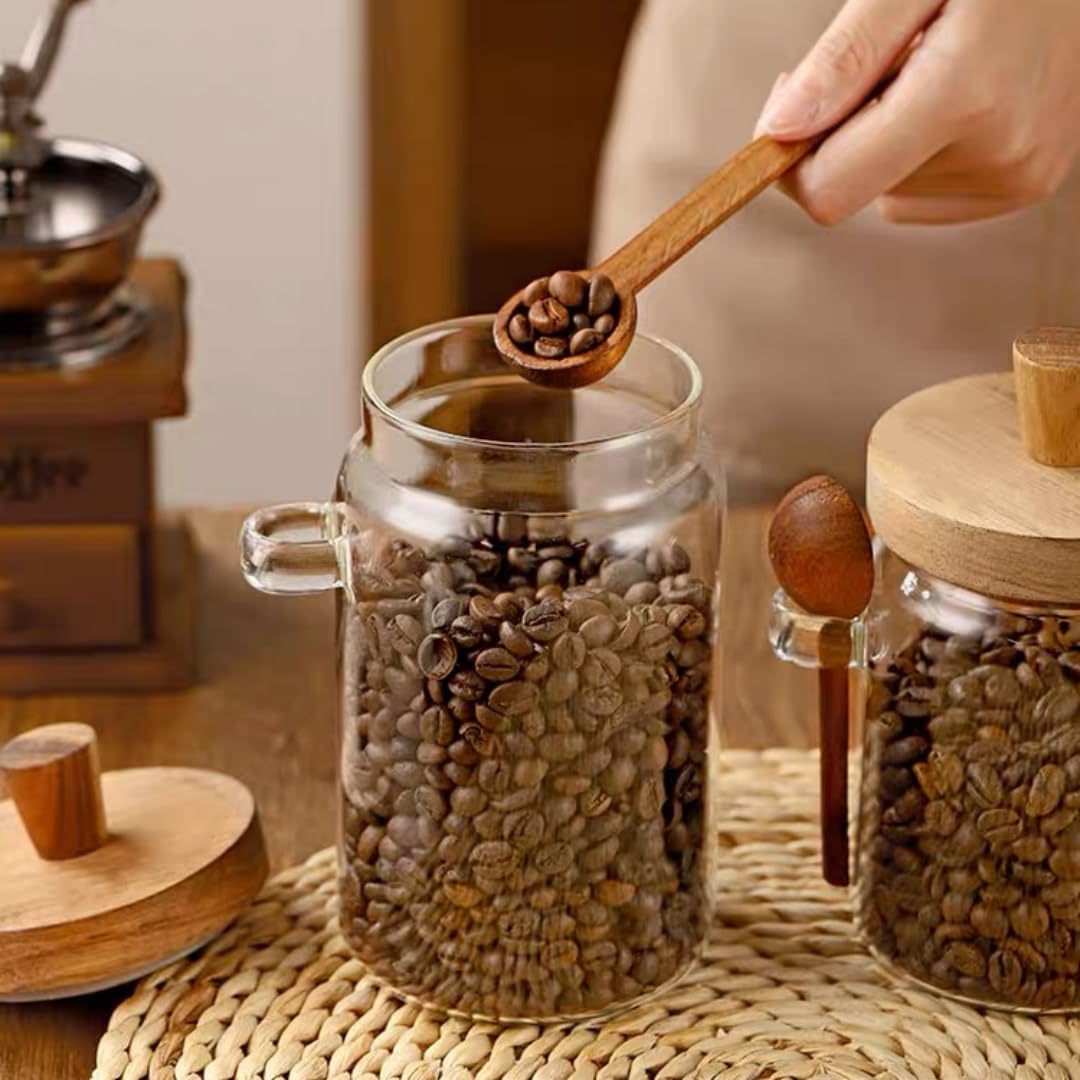 600ml Coffee Storage Container with Wooden Lid and Spoon Airtight Moisture-Proof Food Keeper for Coffee Beans Tea Sugar