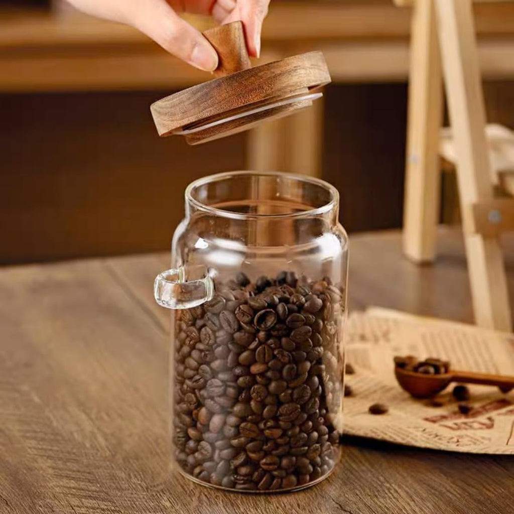 600ml Coffee Storage Container with Wooden Lid and Spoon Airtight Moisture-Proof Food Keeper for Coffee Beans Tea Sugar