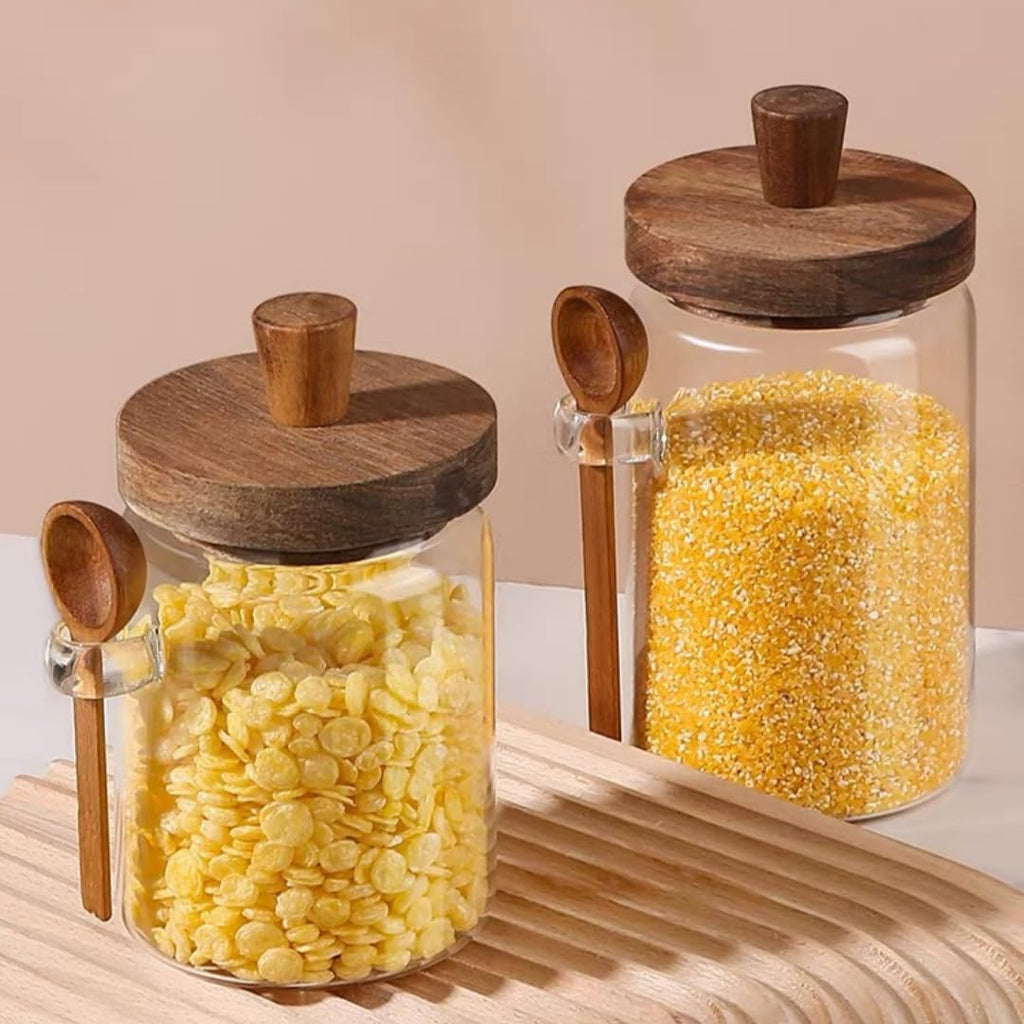 600ml Coffee Storage Container with Wooden Lid and Spoon Airtight Moisture-Proof Food Keeper for Coffee Beans Tea Sugar