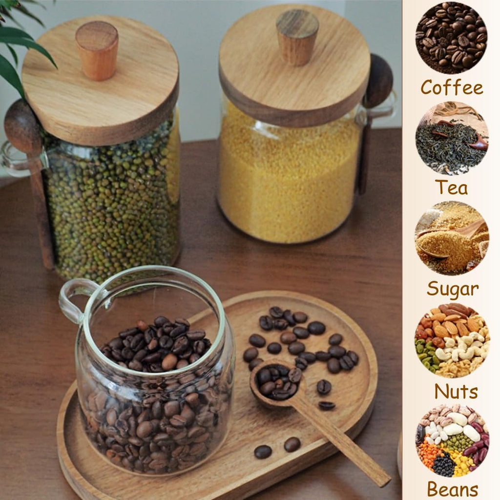 600ml Coffee Storage Container with Wooden Lid and Spoon Airtight Moisture-Proof Food Keeper for Coffee Beans Tea Sugar