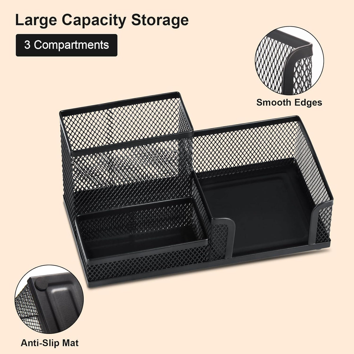 Black 3 Compartment Metal Mesh Pen Holder Desk Organizer for Office and Home Work - 1 Piece