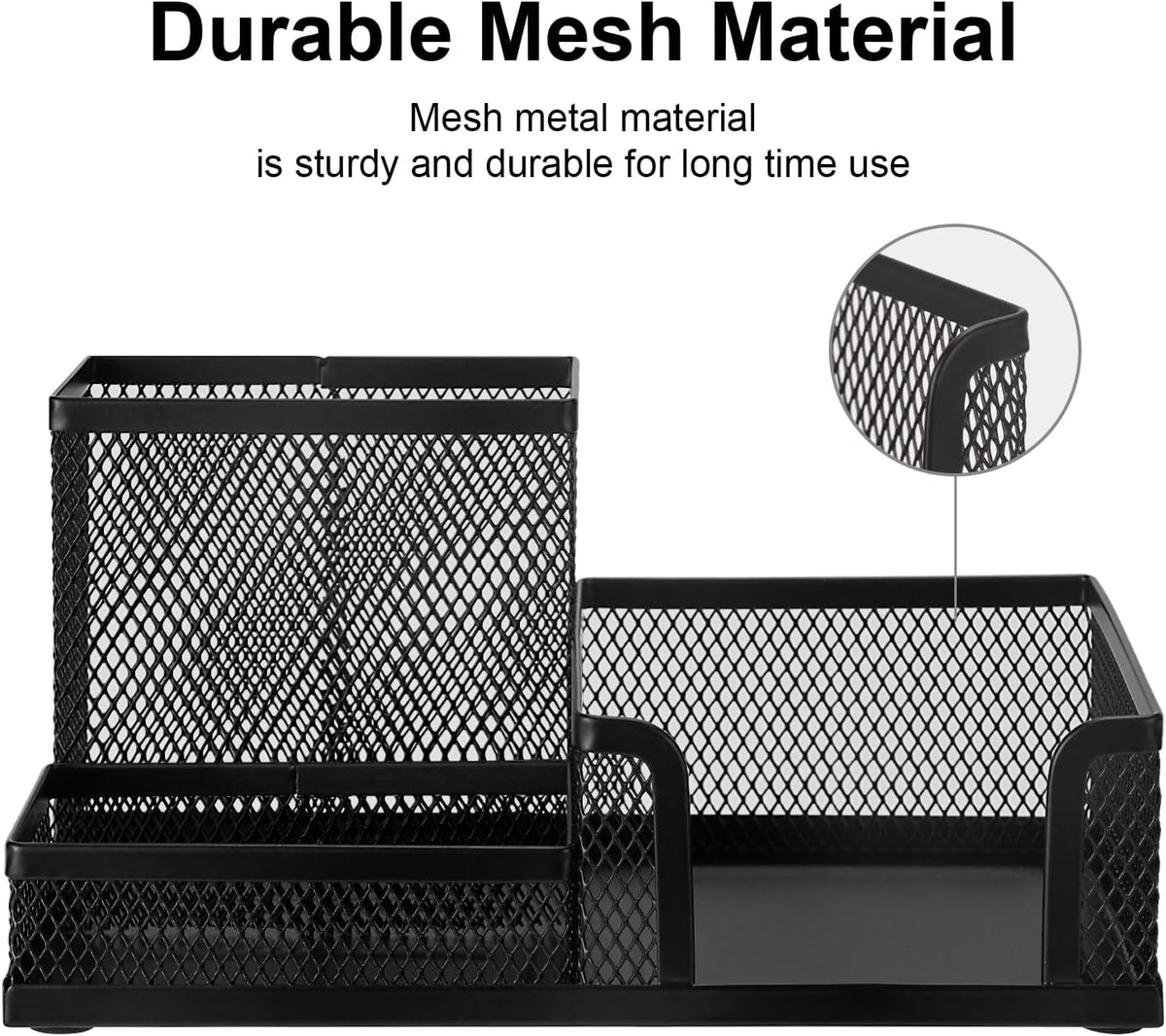 Black 3 Compartment Metal Mesh Pen Holder Desk Organizer for Office and Home Work - 1 Piece