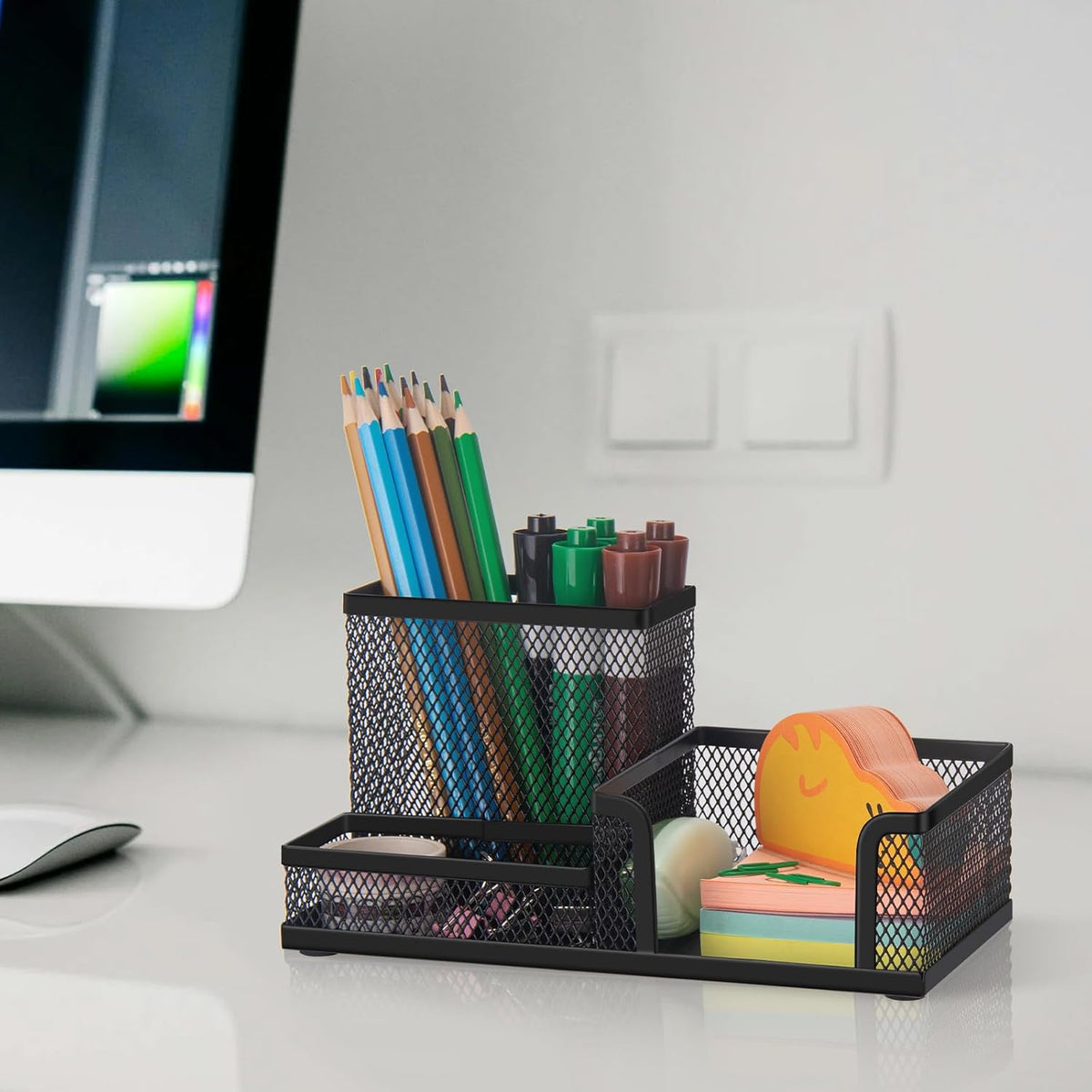 Black 3 Compartment Metal Mesh Pen Holder Desk Organizer for Office and Home Work - 1 Piece