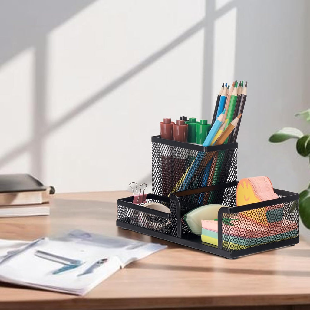 Black 3 Compartment Metal Mesh Pen Holder Desk Organizer for Office and Home Work - 1 Piece
