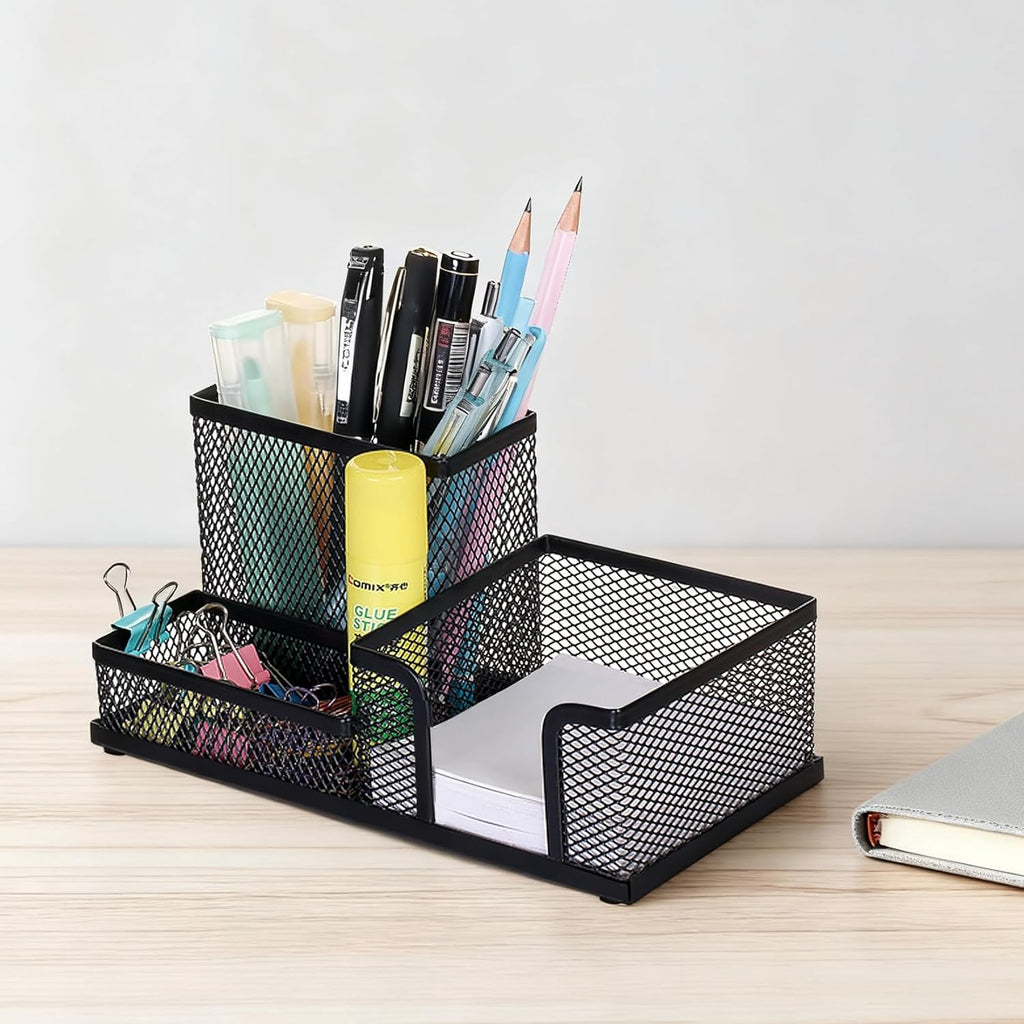 Black 3 Compartment Metal Mesh Pen Holder Desk Organizer for Office and Home Work - 1 Piece