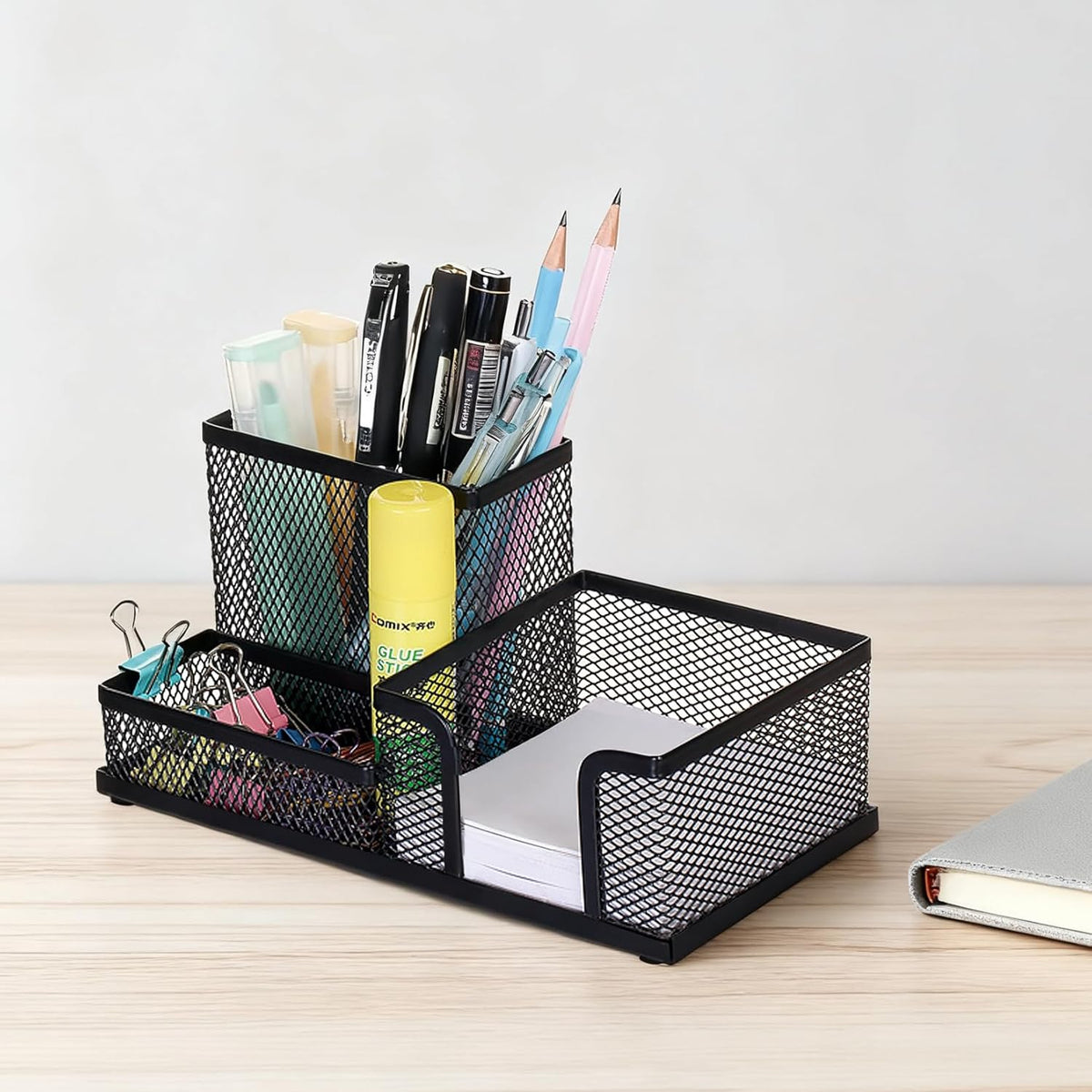 Black 3 Compartment Metal Mesh Pen Holder Desk Organizer for Office and Home Work - 1 Piece