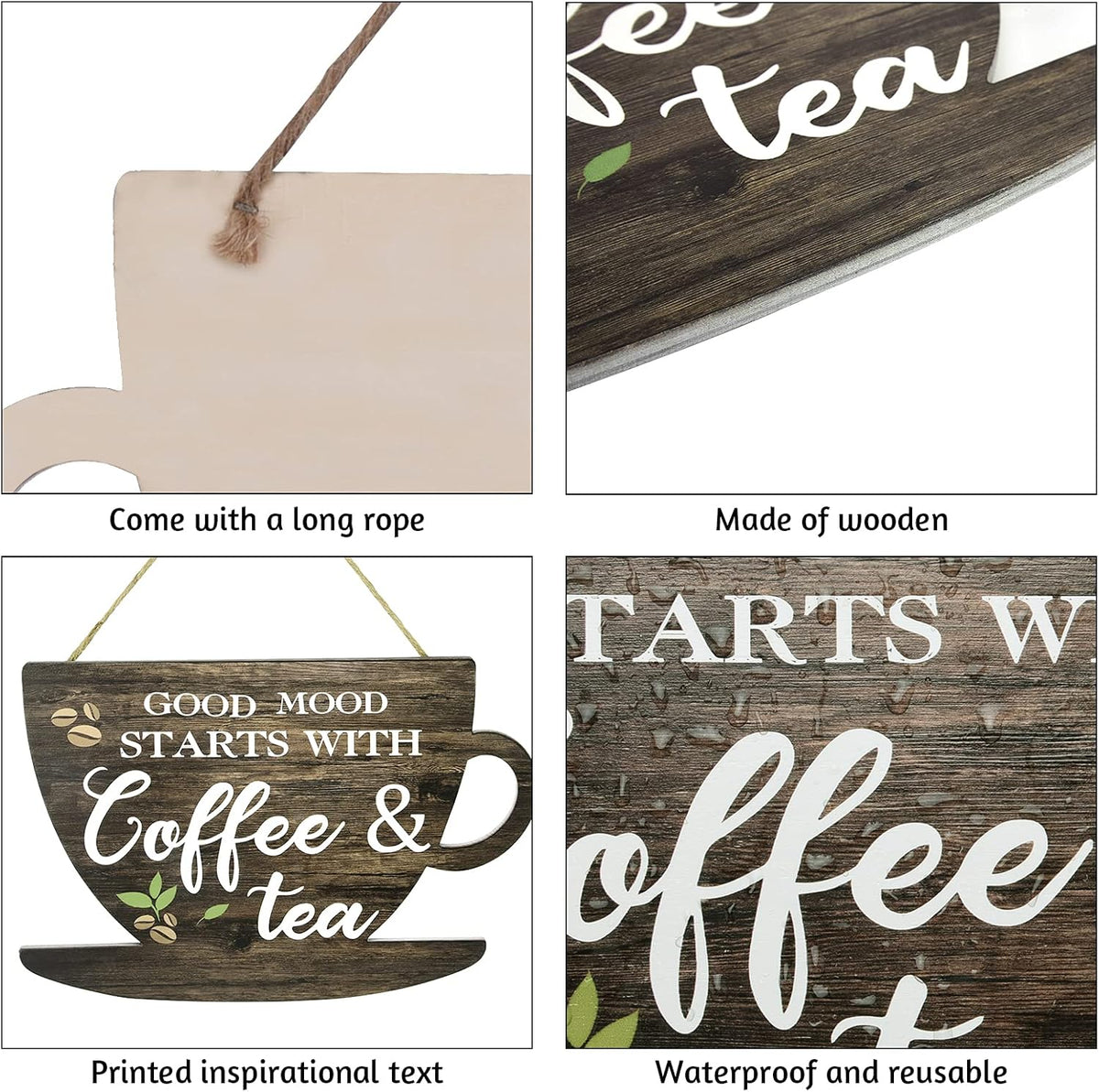 Wooden Coffee Sign Good Moon Starts with Coffee & Tea Hanging Plaque Coffee Sign Farmhouse Decorative for Kitchen Bar Decor Coffee Lover