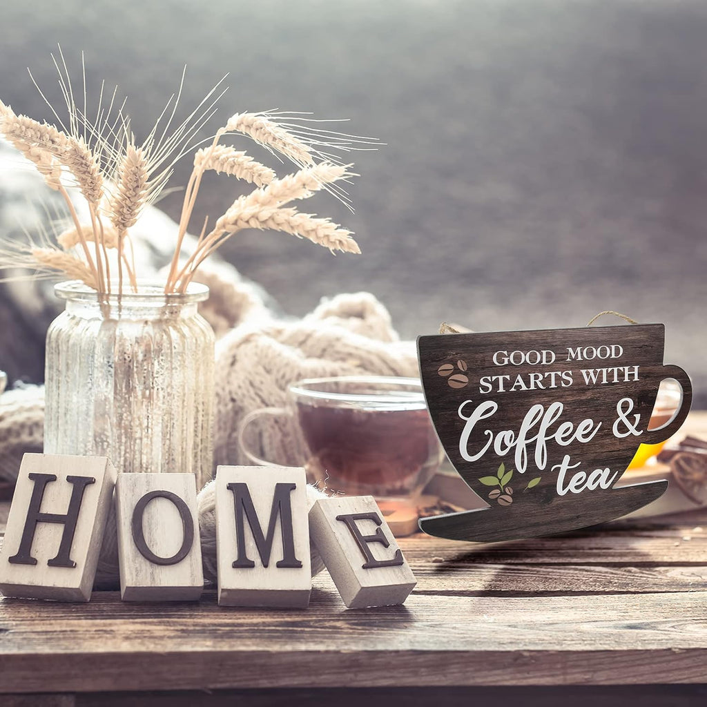 Wooden Coffee Sign Good Moon Starts with Coffee & Tea Hanging Plaque Coffee Sign Farmhouse Decorative for Kitchen Bar Decor Coffee Lover