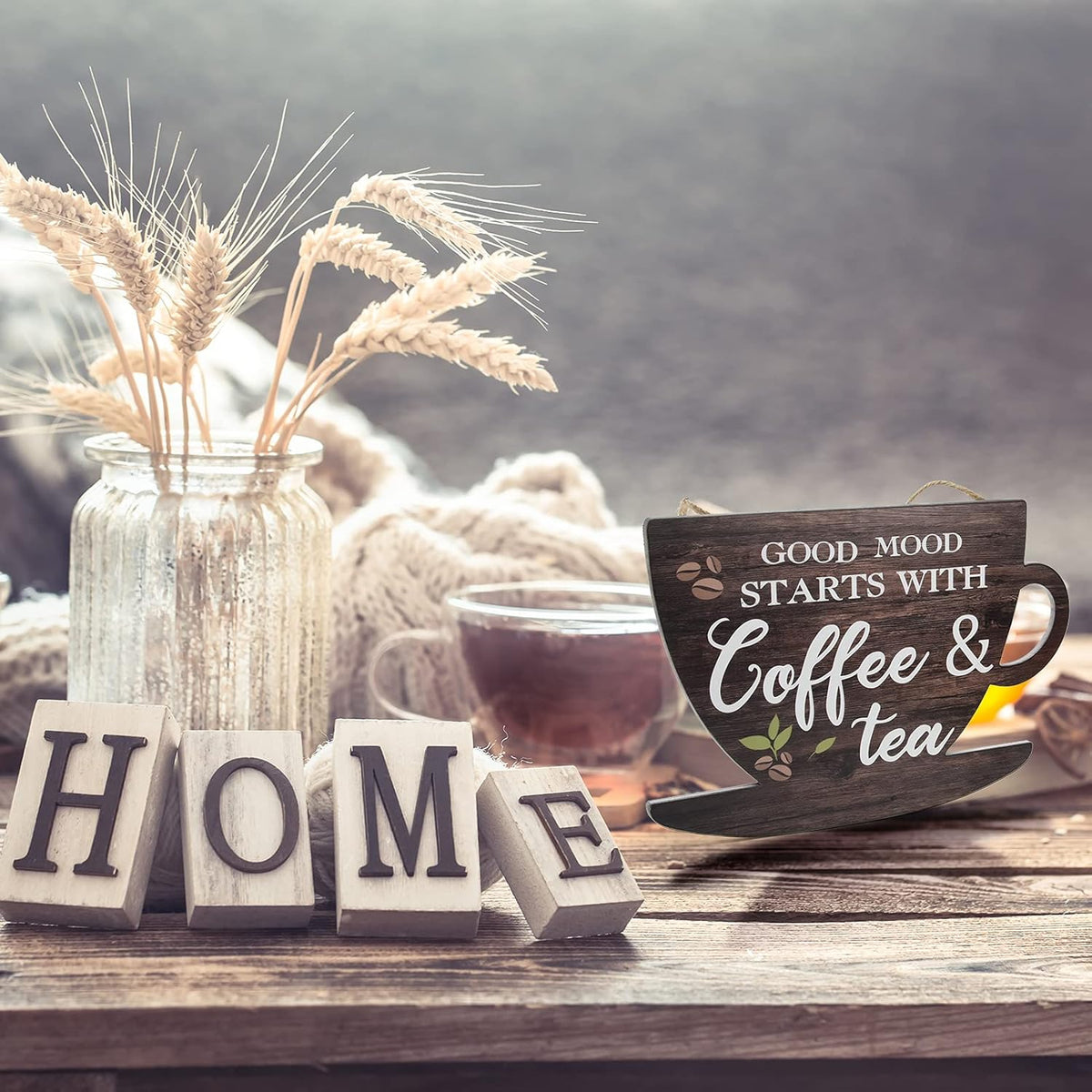 Wooden Coffee Sign Good Moon Starts with Coffee & Tea Hanging Plaque Coffee Sign Farmhouse Decorative for Kitchen Bar Decor Coffee Lover