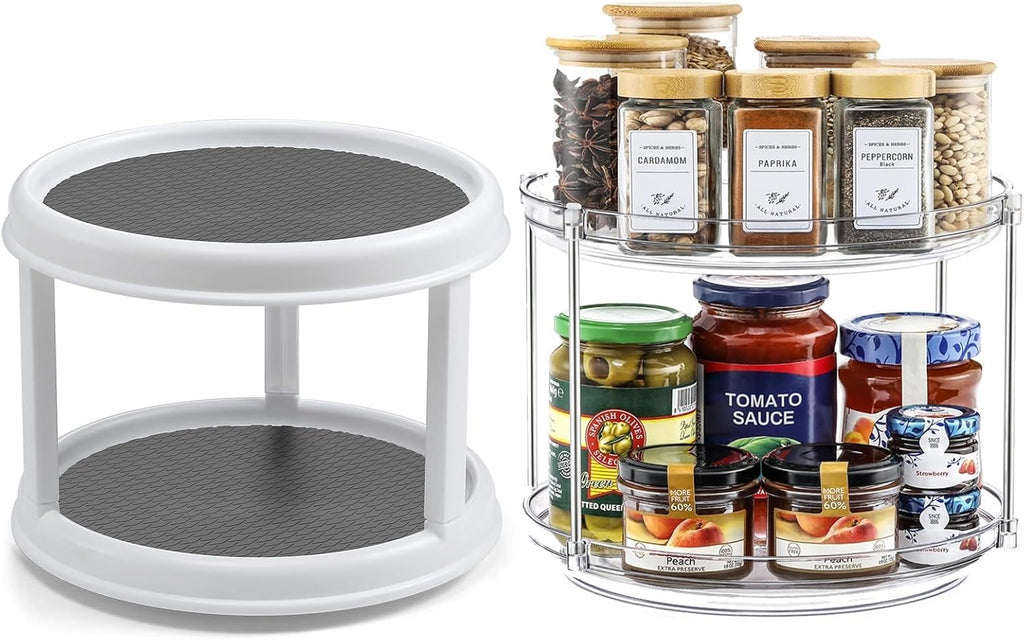 1 Pack 2 Tier Acrylic Clear Lazy Susan, 9.25inch + Pcak 10inch Plastic Susan -