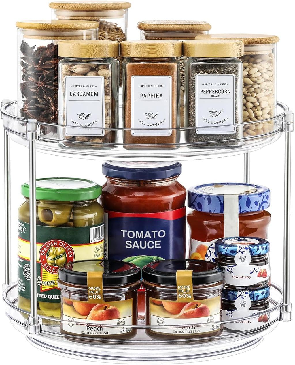 1 Pack 2 Tier Acrylic Clear Lazy Susan, 9.25inch + Pcak 10inch Plastic Susan -