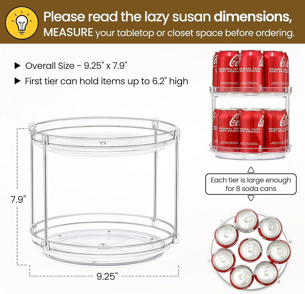 1 Pack 2 Tier Acrylic Clear Lazy Susan, 9.25inch + Pcak 10inch Plastic Susan -