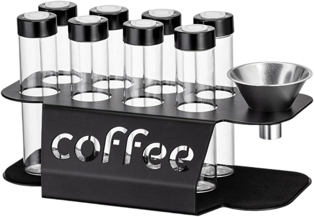 Coffee Bean Storage Containers - 8-pack Glass Jars for Storing Coffee Beans - Transparent Storage Containers, Reagent Racks, One-Way Valve - Portable Storage Jars
