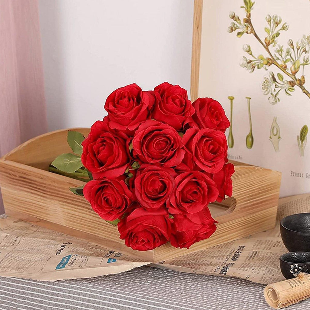 10pcs Artificial Silk Simulation Rose Flowers - Wedding Party Home Decorations - Red