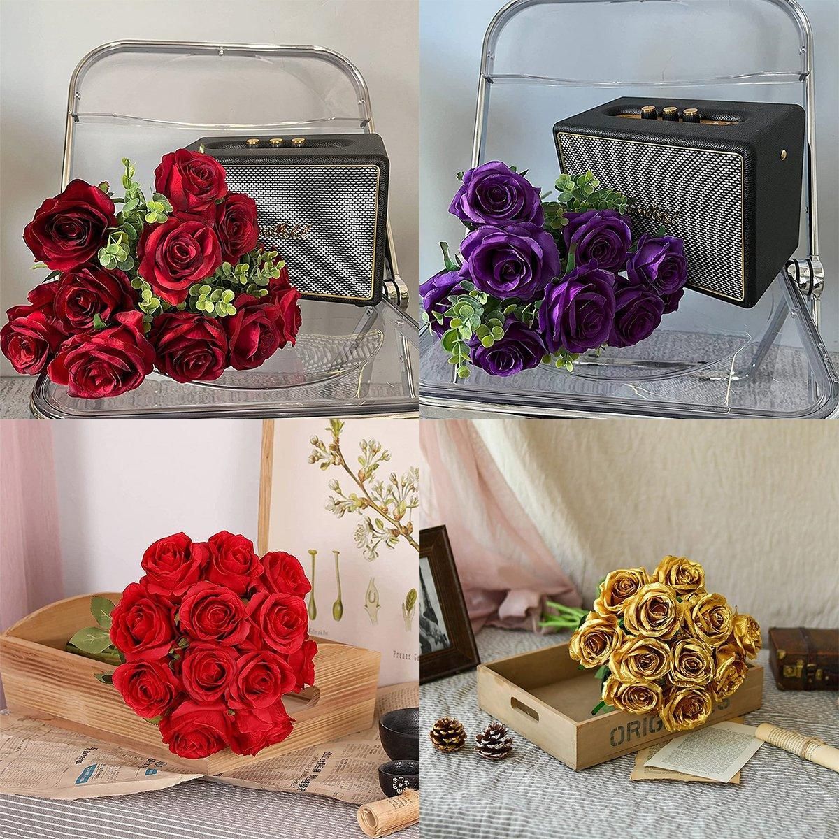 10pcs Artificial Silk Simulation Rose Flowers - Wedding Party Home Decorations - Red
