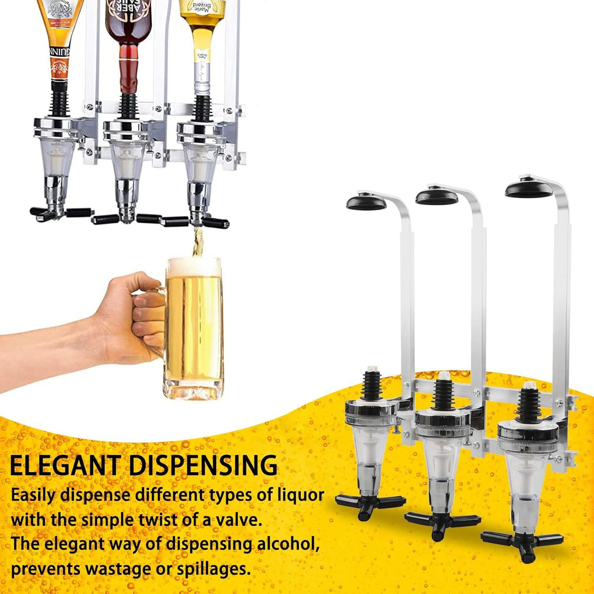 Professional Wall-Mounted Alcohol Tot Dispenser (3 Head) - Heavy Duty Adjustable Metal Wine Rack Decor with Spring-Loaded Bottle Holder